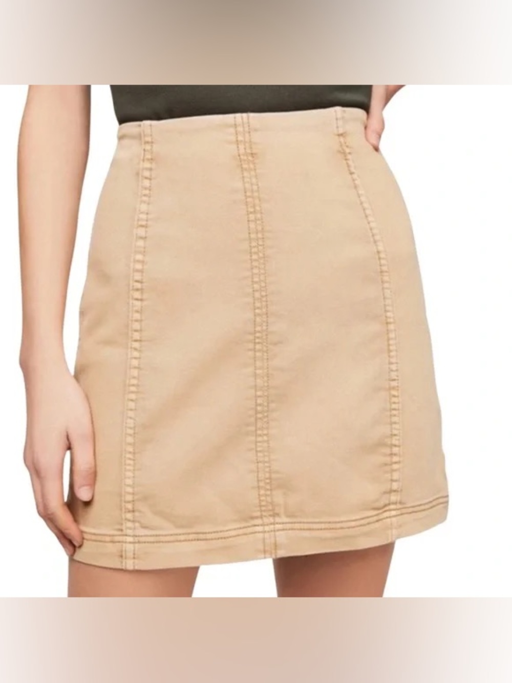 Free People Khaki Tan Modern Mini Skirt Stretch Waist Womens Size L NWT